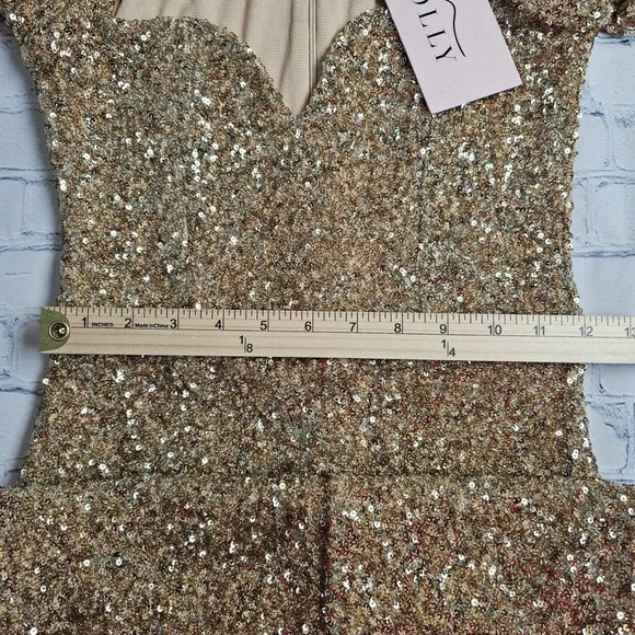 Oh Polly Sephina Gold Sequin Long Sleeve Mini Dress Sweetheart Neck Size 8 NEW - Picture 10 of 12